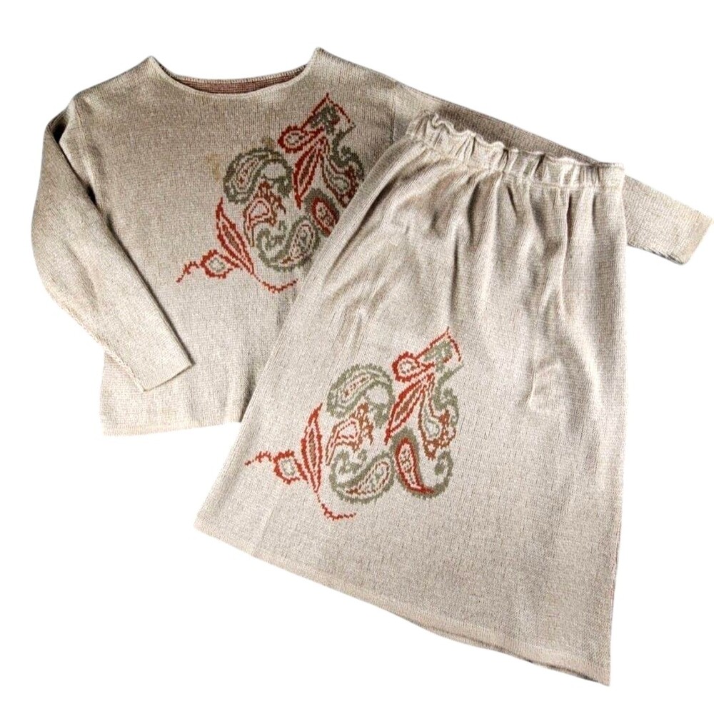 Handmade Knit Sweater Skirt Set M Beige Paisley 2 Piece Elastic Waist Casual
